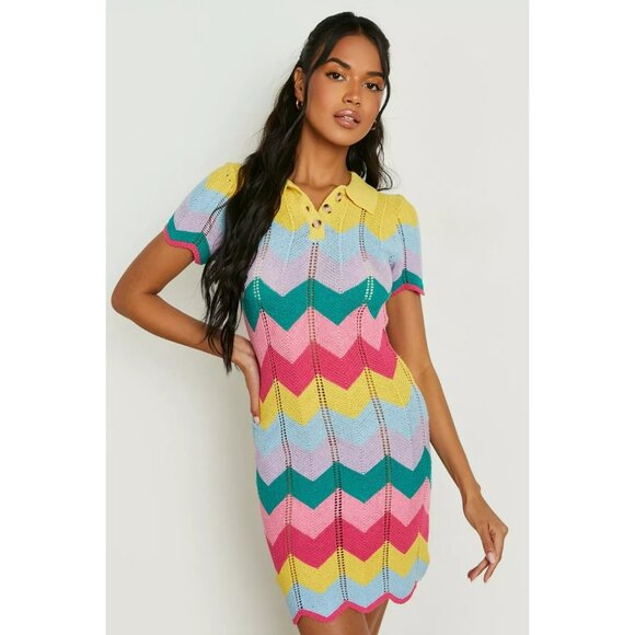 Boo Hoo Women's Small Rainbow Crochet Scallop Hem Knitted Dress - Picture 1 of 10